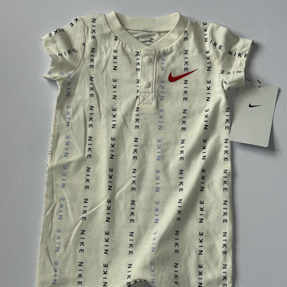 Nike Baby Cream Button Down Romper with Red Swoosh 6 Months
